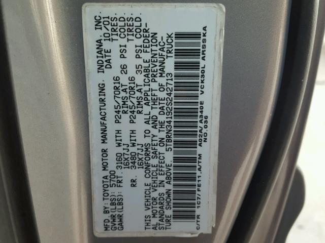 5TBRN34192S242713 - 2002 TOYOTA TUNDRA ACC GRAY photo 10