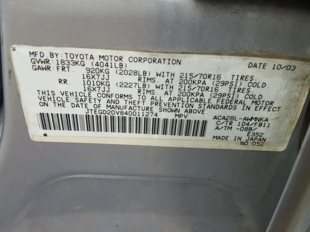 JTEGD20V840011274 - 2004 TOYOTA RAV4 SILVER photo 10