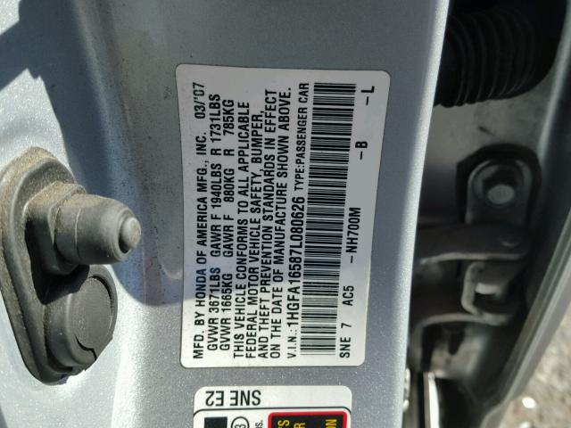 1HGFA16587L080626 - 2007 HONDA CIVIC LX SILVER photo 10