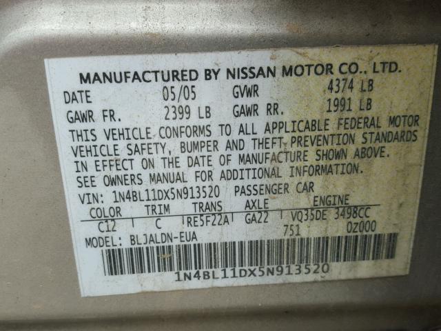 1N4BL11DX5N913520 - 2005 NISSAN ALTIMA SE TAN photo 10