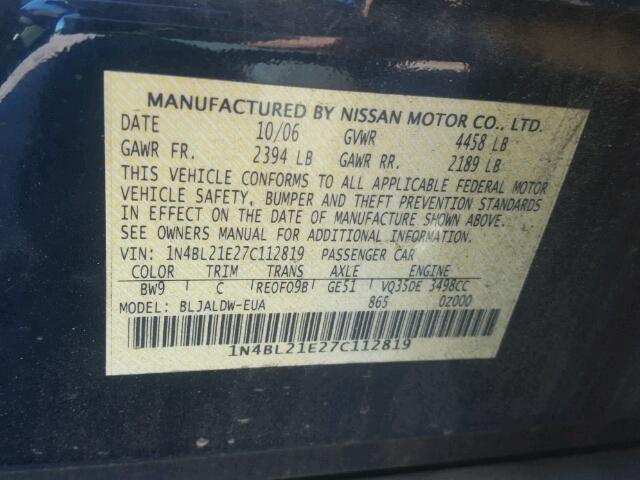 1N4BL21E27C112819 - 2007 NISSAN ALTIMA 3.5 BLUE photo 10