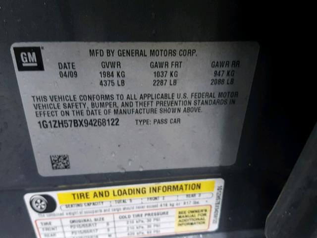 1G1ZH57BX94268122 - 2009 CHEVROLET MALIBU 1LT GRAY photo 10