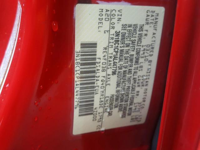 3N1BC1CP1AL447796 - 2010 NISSAN VERSA S RED photo 10