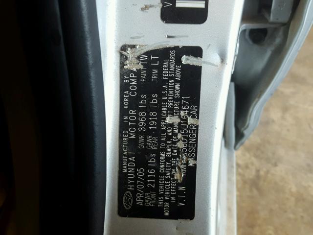 KMHDN56D15U164671 - 2005 HYUNDAI ELANTRA GL SILVER photo 10