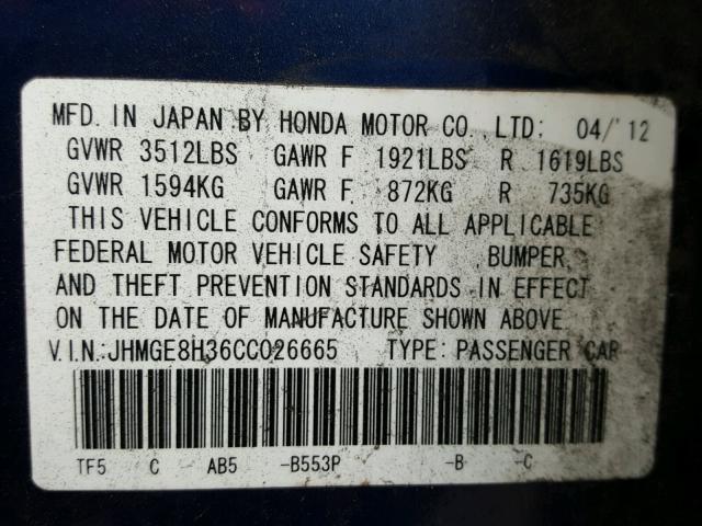 JHMGE8H36CC026665 - 2012 HONDA FIT BLUE photo 10