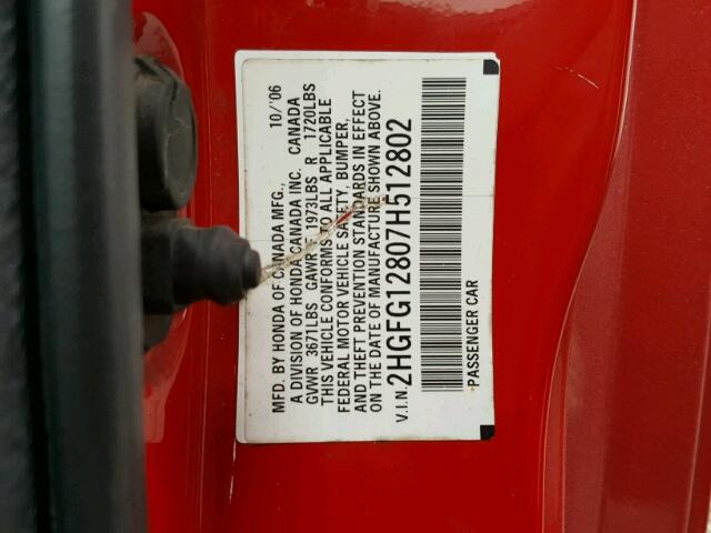 2HGFG12807H512802 - 2007 HONDA CIVIC EX RED photo 10