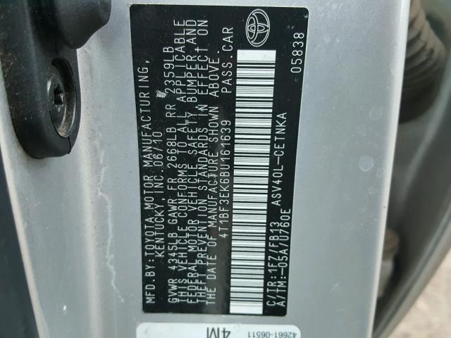 4T1BF3EK6BU161639 - 2011 TOYOTA CAMRY BASE SILVER photo 10