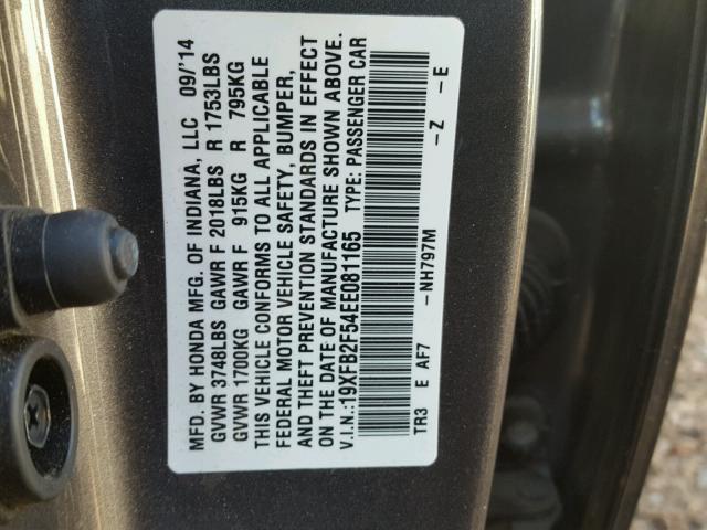 19XFB2F54EE081165 - 2014 HONDA CIVIC LX GRAY photo 10