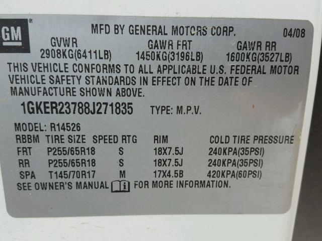 1GKER23788J271835 - 2008 GMC ACADIA SLT თეთრი ფოტო 10