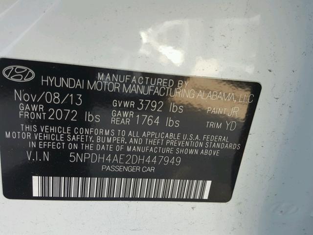 5NPDH4AE2DH447949 - 2013 HYUNDAI ELANTRA GL WHITE photo 10