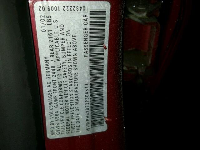 WVWRH63B72P304811 - 2002 VOLKSWAGEN PASSAT GLX MAROON photo 10