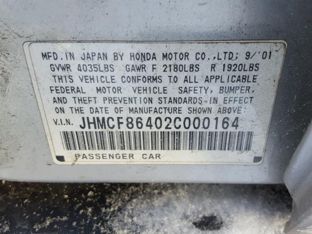 JHMCF86402C000164 - 2002 HONDA ACCORD DX SILVER photo 10