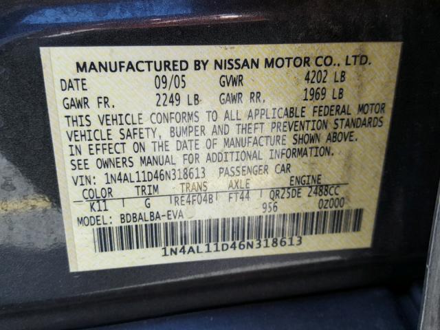 1N4AL11D46N318613 - 2006 NISSAN ALTIMA S GRAY photo 10