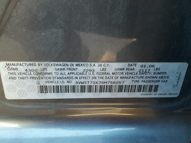 3VWST71K76M756257 - 2006 VOLKSWAGEN JETTA TDI CHARCOAL photo 10