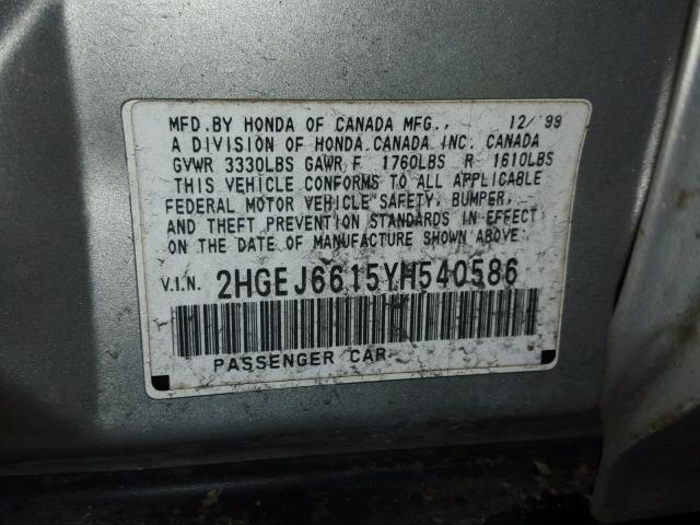 2HGEJ6615YH540586 - 2000 HONDA CIVIC BASE SILVER photo 10