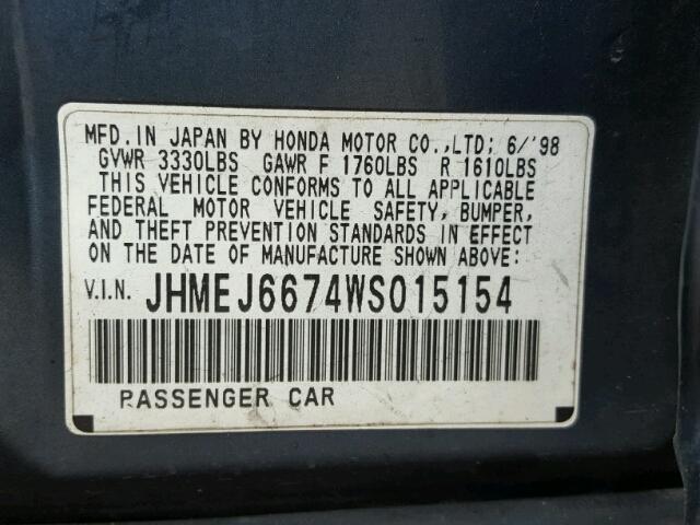 JHMEJ6674WS015154 - 1998 HONDA CIVIC LX BLUE photo 10