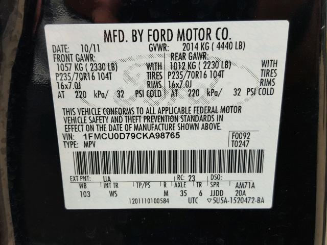 1FMCU0D79CKA98765 - 2012 FORD ESCAPE XLT BLACK photo 10