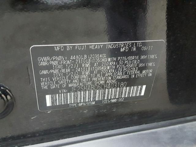 JF2SHABC6CH403180 - 2012 SUBARU FORESTER 2 BLACK photo 10