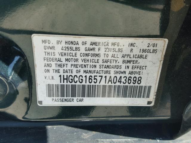 1HGCG16571A043698 - 2001 HONDA ACCORD EX GREEN photo 10