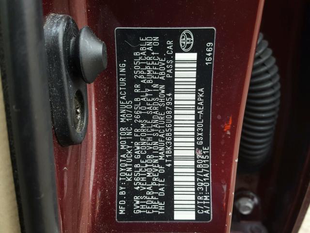 4T1BK36B56U087954 - 2006 TOYOTA AVALON XL BURGUNDY photo 10