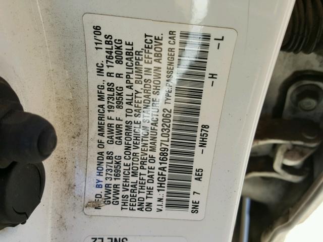 1HGFA16897L032062 - 2007 HONDA CIVIC EX თეთრი ფოტო 10