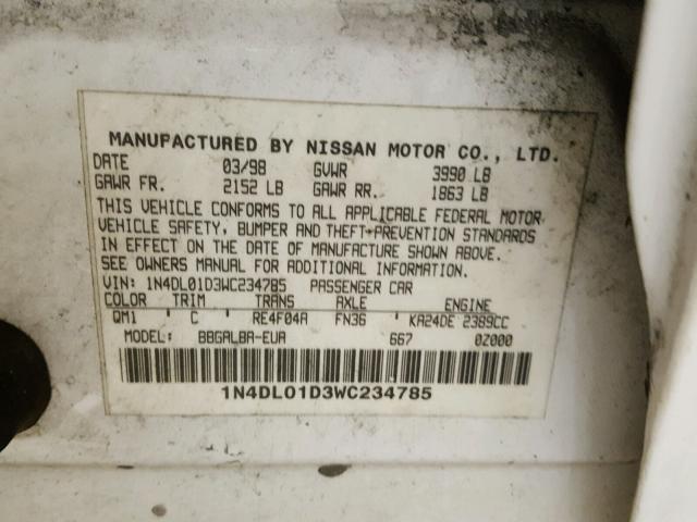 1N4DL01D3WC234785 - 1998 NISSAN ALTIMA XE WHITE photo 10