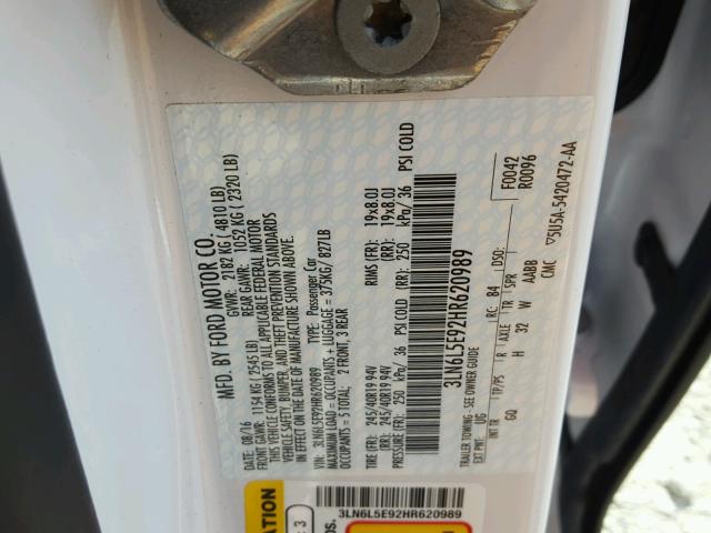 3LN6L5E92HR620989 - 2017 LINCOLN MKZ RESERV WHITE photo 10