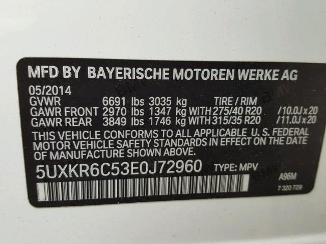 5UXKR6C53E0J72960 - 2014 BMW X5 XDRIVE5 WHITE photo 10