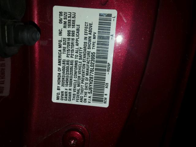 5J6YH28776L023995 - 2006 HONDA ELEMENT EX RED photo 10