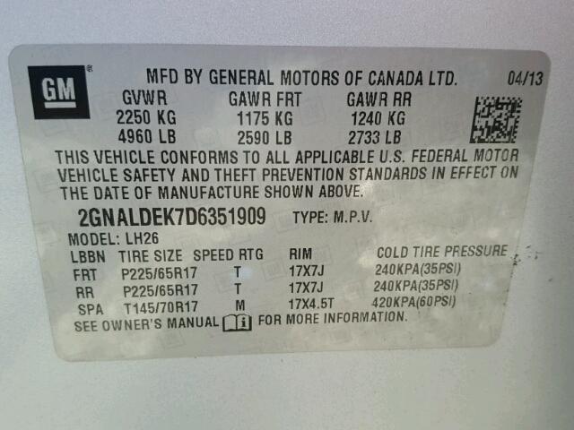 2GNALDEK7D6351909 - 2013 CHEVROLET EQUINOX LT SILVER photo 10