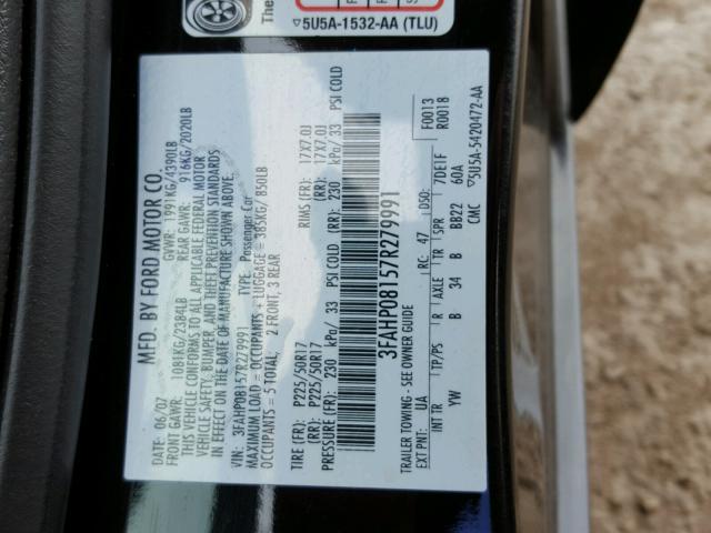 3FAHP08157R279991 - 2007 FORD FUSION SEL BLACK photo 10