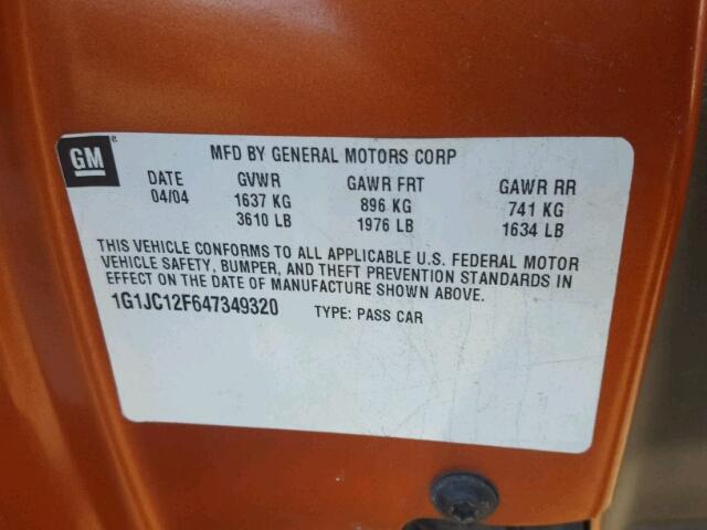 1G1JC12F647349320 - 2004 CHEVROLET CAVALIER ORANGE photo 10