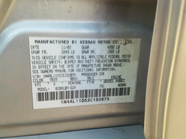 1N4AL11D53C183875 - 2003 NISSAN ALTIMA BAS SILVER photo 10