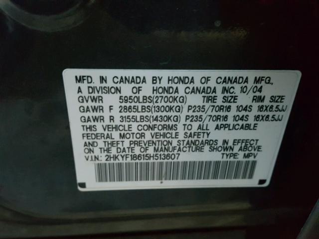 2HKYF18615H513607 - 2005 HONDA PILOT EXL GRAY photo 10