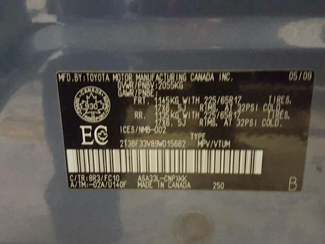 2T3BF33V89W015662 - 2009 TOYOTA RAV4 BLUE photo 10