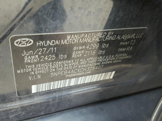 5NPEB4ACXCH325407 - 2012 HYUNDAI SONATA GLS BLUE photo 10