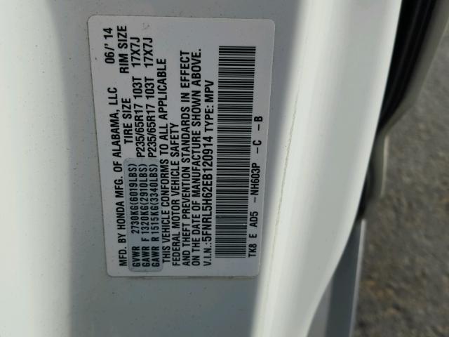 5FNRL5H62EB120914 - 2014 HONDA ODYSSEY EX WHITE photo 10