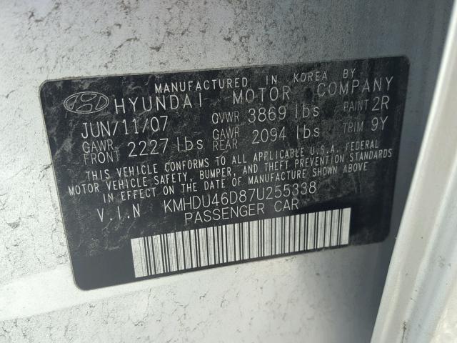 KMHDU46D87U255338 - 2007 HYUNDAI ELANTRA GL SILVER photo 10