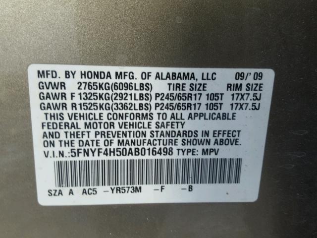 5FNYF4H50AB016498 - 2010 HONDA PILOT EXL BEIGE photo 10