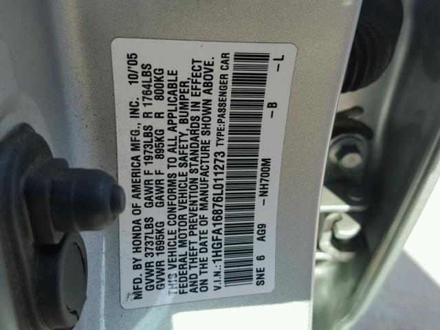 1HGFA16876L011273 - 2006 HONDA CIVIC EX ვერცხლისფერი ფოტო 10