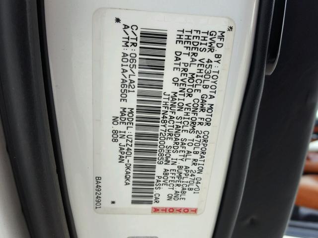 JTHFN48Y720006859 - 2002 LEXUS SC 430 WHITE photo 10