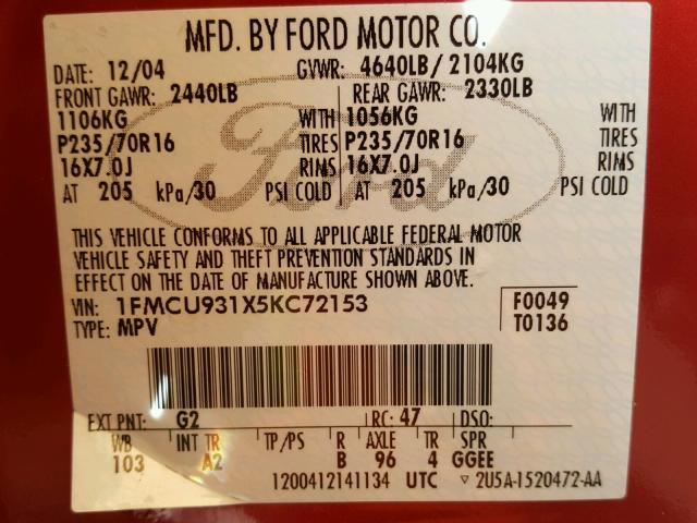 1FMCU931X5KC72153 - 2005 FORD ESCAPE XLT RED photo 10