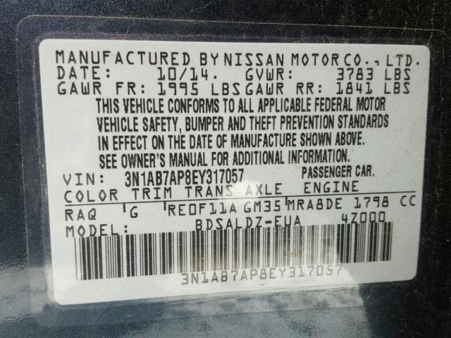 3N1AB7AP8EY317057 - 2014 NISSAN SENTRA S BLUE photo 10