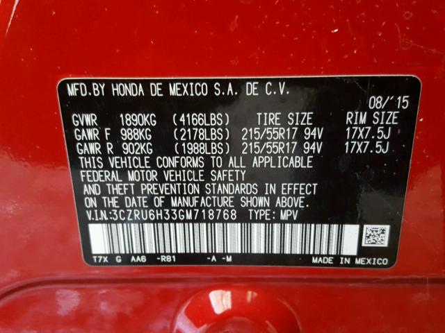 3CZRU6H33GM718768 - 2016 HONDA HR-V LX RED photo 10