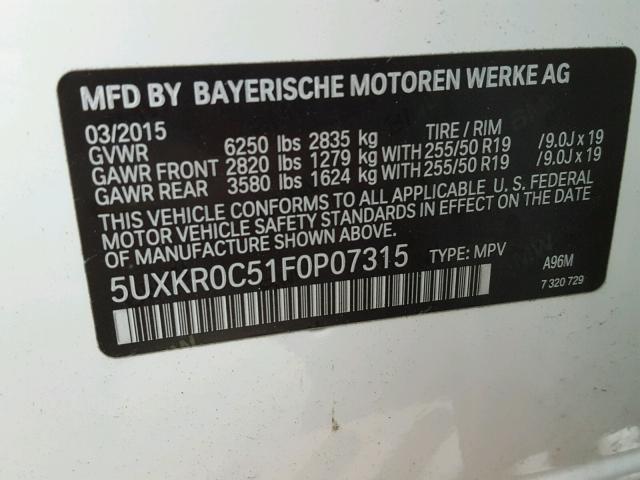 5UXKR0C51F0P07315 - 2015 BMW X5 XDRIVE3 WHITE photo 10