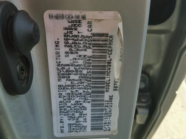 4T1BF32K82U539898 - 2002 TOYOTA CAMRY LE ვერცხლისფერი ფოტო 10