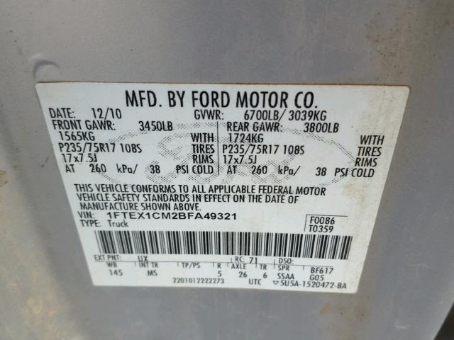 1FTEX1CM2BFA49321 - 2011 FORD F150 SUPER SILVER photo 10