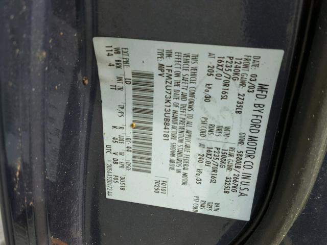 1FMZU73K13UB84181 - 2003 FORD EXPLORER X BLUE photo 10