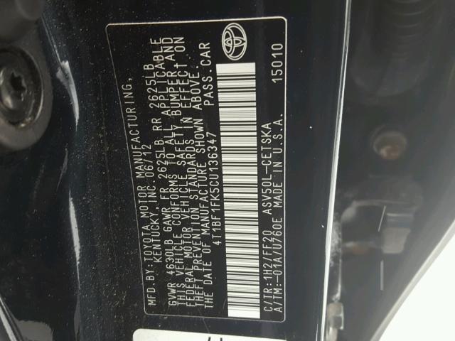 4T1BF1FK5CU136347 - 2012 TOYOTA CAMRY BASE BLACK photo 10