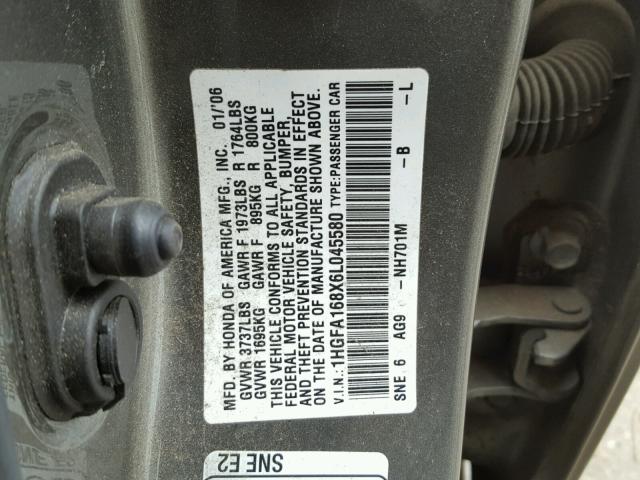 1HGFA168X6L045580 - 2006 HONDA CIVIC EX GRAY photo 10